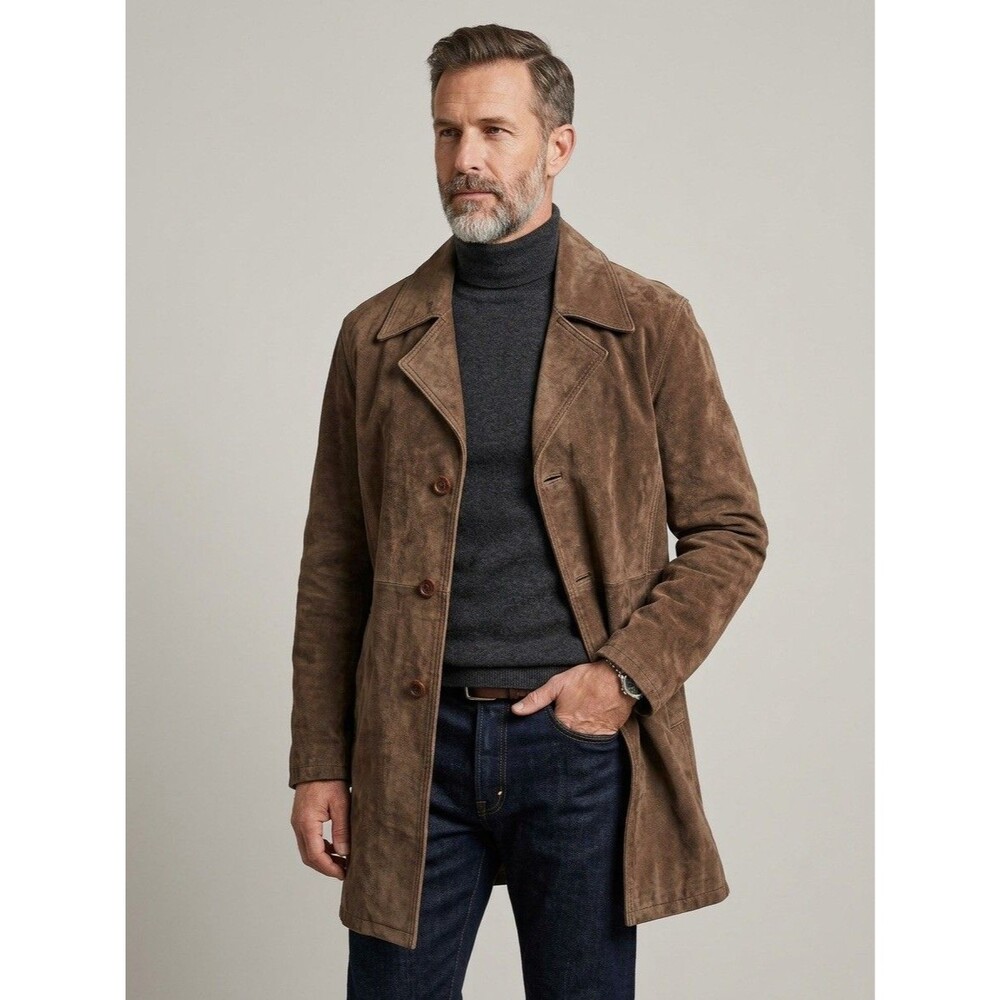Genuine Leather Suede Jacket Men’s Brown Button Front Coat Small